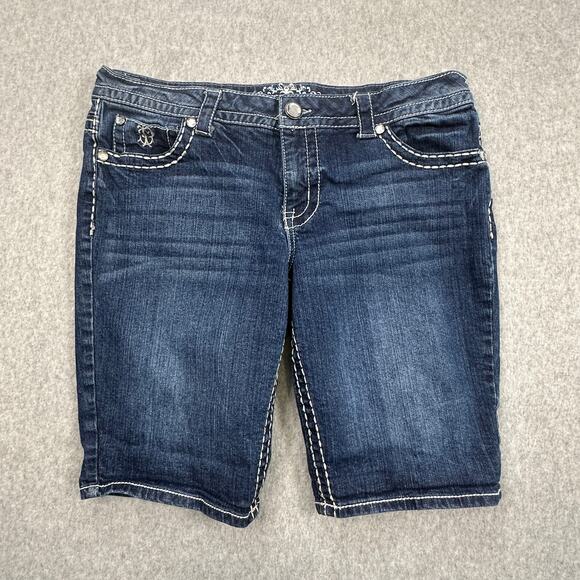 Paisley Sky Jeans Short WMNS 12 Bermuda Dark Wash Denim Low Rise Blue Stretchy - Picture 1 of 10